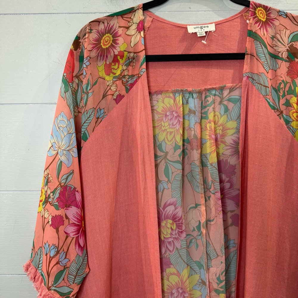 Umgee Coral Floral Kimono Duster Fringe Trim Boho Cardigan Size Small / Medium - Picture 5 of 13